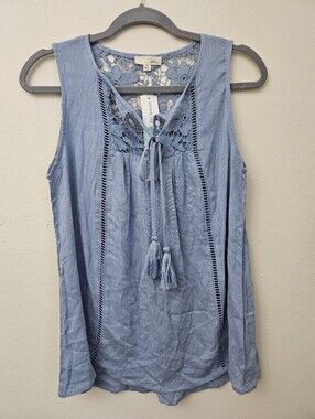 Jella C. Stitch Fix Light Blue Crochet Yoke Tassel Tank Size M